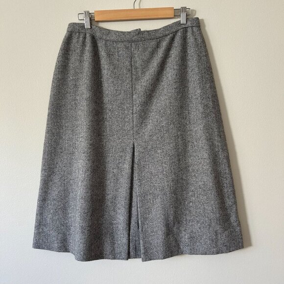 Vintage Gray Wool Tweed A-Line Midi Skirt With Back Button & Side Pleat - Picture 3 of 10